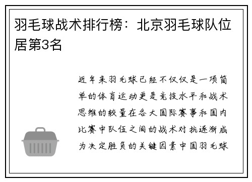 羽毛球战术排行榜：北京羽毛球队位居第3名