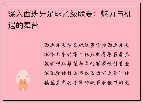 深入西班牙足球乙级联赛：魅力与机遇的舞台