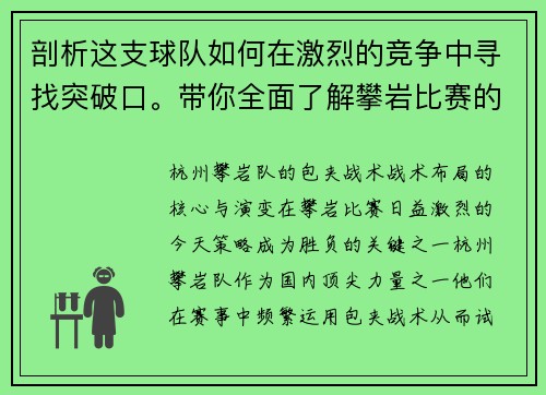 剖析这支球队如何在激烈的竞争中寻找突破口。带你全面了解攀岩比赛的战术博弈与团队智慧。